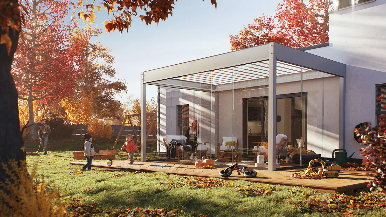 FLEDMEX<sup>®</sup> Lamellendach mit Ganz-Glas-Schiebeanlagen als stilvolle Terrassenüberdachung im farbenfrohen Herbstgarten, während die Familie ihren Außenbereich nutzt und genießt.