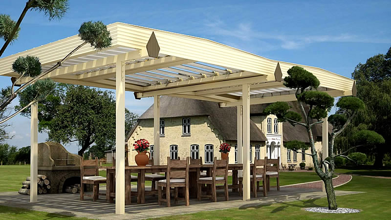 Im Garten freistehender Pavillon mit einem Lamellen-Doppelgiebeldach.