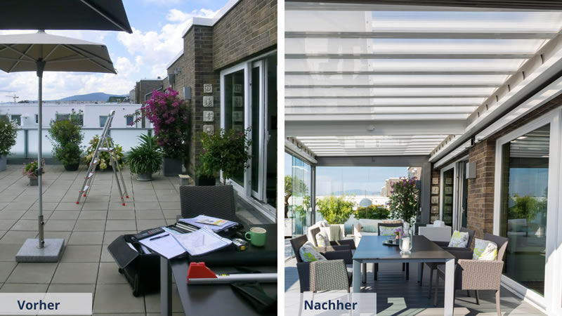 Eine Terrasse mit Lamellendach - Vorher / Nachher